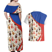 Russian Doll Couples Matching Off Shoulder Maxi Dress and Hawaiian Shirt Flag Color Style No1 - Wonder Print Shop