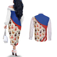 Russian Doll Couples Matching Off The Shoulder Long Sleeve Dress and Long Sleeve Button Shirt Flag Color Style No1 - Wonder Print Shop