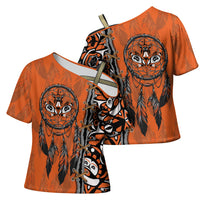 Canada Indigenous Orange Shirt Day Cross Shoulder Shirt Haida Dreamcatcher Art