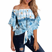 Oktoberfest Bavarian Heritage Off Shoulder Wrap Waist Top Edelweiss Beer Festival Blue Pattern