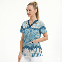Oktoberfest Bavarian Heritage Scrub Top Edelweiss Beer Festival Blue Pattern