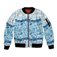 Oktoberfest Bavarian Heritage Sleeve Zip Bomber Jacket Edelweiss Beer Festival Blue Pattern