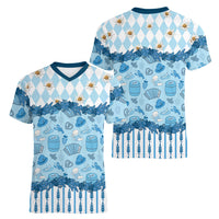 Oktoberfest Bavarian Heritage Women V-Neck T-Shirt Edelweiss Beer Festival Blue Pattern