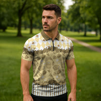 Oktoberfest Bavarian Heritage Zipper Polo Shirt Edelweiss Beer Festival Gold Pattern