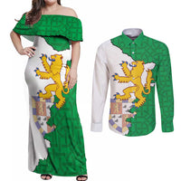 Radnorshire Wales Couples Matching Off Shoulder Maxi Dress and Long Sleeve Button Shirt Map and Emblem Celtic Style - Wonder Print Shop