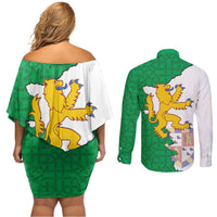 Radnorshire Wales Couples Matching Off Shoulder Short Dress and Long Sleeve Button Shirt Map and Emblem Celtic Style - Wonder Print Shop