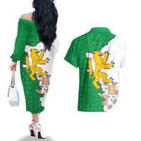 Radnorshire Wales Couples Matching Off The Shoulder Long Sleeve Dress and Hawaiian Shirt Map and Emblem Celtic Style - Wonder Print Shop