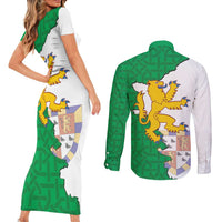 Radnorshire Wales Couples Matching Short Sleeve Bodycon Dress and Long Sleeve Button Shirt Map and Emblem Celtic Style - Wonder Print Shop