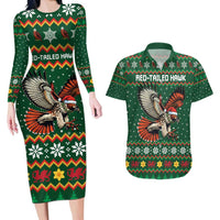 Personalized Radnorshire Wales Christmas Couples Matching Long Sleeve Bodycon Dress and Hawaiian Shirt Red-Tailed Hawk Design - Wonder Print Shop