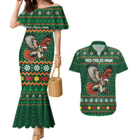 Personalized Radnorshire Wales Christmas Couples Matching Mermaid Dress and Hawaiian Shirt Red-Tailed Hawk Design - Wonder Print Shop