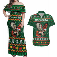 Personalized Radnorshire Wales Christmas Couples Matching Off Shoulder Maxi Dress and Hawaiian Shirt Red-Tailed Hawk Design - Wonder Print Shop