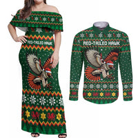 Personalized Radnorshire Wales Christmas Couples Matching Off Shoulder Maxi Dress and Long Sleeve Button Shirt Red-Tailed Hawk Design - Wonder Print Shop