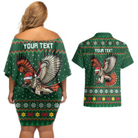 Personalized Radnorshire Wales Christmas Couples Matching Off Shoulder Short Dress and Hawaiian Shirt Red-Tailed Hawk Design - Wonder Print Shop