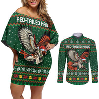 Personalized Radnorshire Wales Christmas Couples Matching Off Shoulder Short Dress and Long Sleeve Button Shirt Red-Tailed Hawk Design - Wonder Print Shop