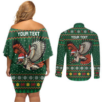 Personalized Radnorshire Wales Christmas Couples Matching Off Shoulder Short Dress and Long Sleeve Button Shirt Red-Tailed Hawk Design - Wonder Print Shop