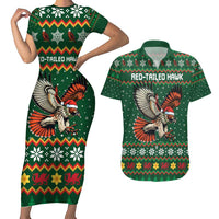 Personalized Radnorshire Wales Christmas Couples Matching Short Sleeve Bodycon Dress and Hawaiian Shirt Red-Tailed Hawk Design - Wonder Print Shop