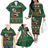 Personalized Radnorshire Wales Christmas Family Matching Off The Shoulder Long Sleeve Dress and Hawaiian Shirt Red-Tailed Hawk Design - Wonder Print Shop