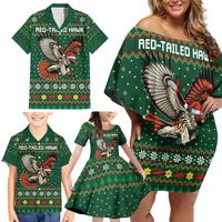 Personalized Radnorshire Wales Christmas Family Matching Off Shoulder Short Dress and Hawaiian Shirt Red-Tailed Hawk Design - Wonder Print Shop