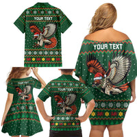 Personalized Radnorshire Wales Christmas Family Matching Off Shoulder Short Dress and Hawaiian Shirt Red-Tailed Hawk Design - Wonder Print Shop