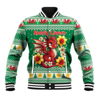 Personalized Wales Christmas Baseball Jacket Cute Red Welsh Dragon and Daffodils - Wonder Print Shop