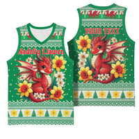 Personalized Wales Christmas Basketball Jersey Cute Red Welsh Dragon and Daffodils - Wonder Print Shop