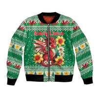 Personalized Wales Christmas Bomber Jacket Cute Red Welsh Dragon and Daffodils - Wonder Print Shop