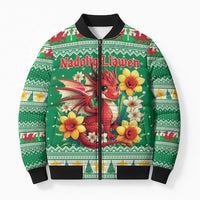 Personalized Wales Christmas Bomber Puffer Jacket Cute Red Welsh Dragon and Daffodils - Wonder Print Shop