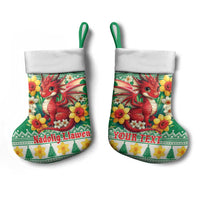 Personalized Wales Christmas Stocking Cute Red Welsh Dragon and Daffodils - Wonder Print Shop