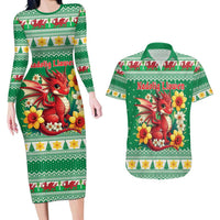 Personalized Wales Christmas Couples Matching Long Sleeve Bodycon Dress and Hawaiian Shirt Cute Red Welsh Dragon and Daffodils - Wonder Print Shop
