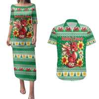 Personalized Wales Christmas Couples Matching Puletasi and Hawaiian Shirt Cute Red Welsh Dragon and Daffodils - Wonder Print Shop