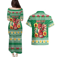 Personalized Wales Christmas Couples Matching Puletasi and Hawaiian Shirt Cute Red Welsh Dragon and Daffodils - Wonder Print Shop