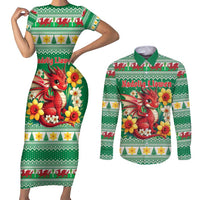 Personalized Wales Christmas Couples Matching Short Sleeve Bodycon Dress and Long Sleeve Button Shirt Cute Red Welsh Dragon and Daffodils - Wonder Print Shop