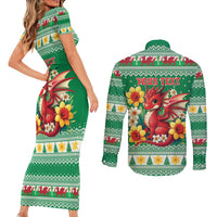 Personalized Wales Christmas Couples Matching Short Sleeve Bodycon Dress and Long Sleeve Button Shirt Cute Red Welsh Dragon and Daffodils - Wonder Print Shop