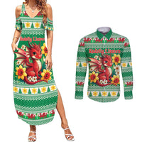 Personalized Wales Christmas Couples Matching Summer Maxi Dress and Long Sleeve Button Shirt Cute Red Welsh Dragon and Daffodils - Wonder Print Shop