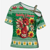 Personalized Wales Christmas Cross Shoulder Shirt Cute Red Welsh Dragon and Daffodils - Wonder Print Shop