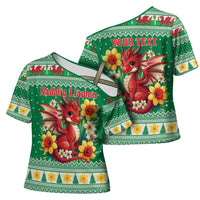 Personalized Wales Christmas Cross Shoulder Shirt Cute Red Welsh Dragon and Daffodils - Wonder Print Shop
