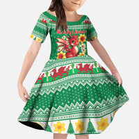 Personalized Wales Christmas Family Matching Long Sleeve Bodycon Dress and Hawaiian Shirt Cute Red Welsh Dragon and Daffodils - Wonder Print Shop