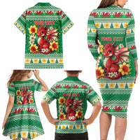 Personalized Wales Christmas Family Matching Long Sleeve Bodycon Dress and Hawaiian Shirt Cute Red Welsh Dragon and Daffodils - Wonder Print Shop