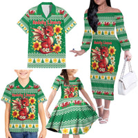Personalized Wales Christmas Family Matching Off The Shoulder Long Sleeve Dress and Hawaiian Shirt Cute Red Welsh Dragon and Daffodils - Wonder Print Shop