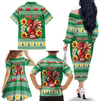 Personalized Wales Christmas Family Matching Off The Shoulder Long Sleeve Dress and Hawaiian Shirt Cute Red Welsh Dragon and Daffodils - Wonder Print Shop