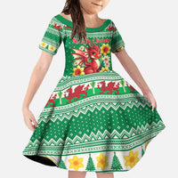 Personalized Wales Christmas Family Matching Off Shoulder Maxi Dress and Hawaiian Shirt Cute Red Welsh Dragon and Daffodils - Wonder Print Shop