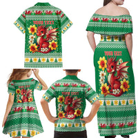 Personalized Wales Christmas Family Matching Off Shoulder Maxi Dress and Hawaiian Shirt Cute Red Welsh Dragon and Daffodils - Wonder Print Shop