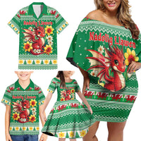 Personalized Wales Christmas Family Matching Off Shoulder Short Dress and Hawaiian Shirt Cute Red Welsh Dragon and Daffodils - Wonder Print Shop