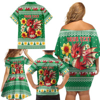 Personalized Wales Christmas Family Matching Off Shoulder Short Dress and Hawaiian Shirt Cute Red Welsh Dragon and Daffodils - Wonder Print Shop