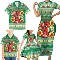 Personalized Wales Christmas Family Matching Short Sleeve Bodycon Dress and Hawaiian Shirt Cute Red Welsh Dragon and Daffodils - Wonder Print Shop