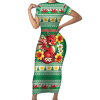 Personalized Wales Christmas Family Matching Short Sleeve Bodycon Dress and Hawaiian Shirt Cute Red Welsh Dragon and Daffodils - Wonder Print Shop