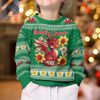 Personalized Wales Christmas Kid Ugly Christmas Sweater Cute Red Welsh Dragon and Daffodils - Wonder Print Shop