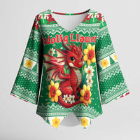Personalized Wales Christmas Kimono Sleeve Blouse Cute Red Welsh Dragon and Daffodils - Wonder Print Shop