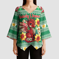 Personalized Wales Christmas Kimono Sleeve Blouse Cute Red Welsh Dragon and Daffodils - Wonder Print Shop