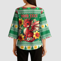 Personalized Wales Christmas Kimono Sleeve Blouse Cute Red Welsh Dragon and Daffodils - Wonder Print Shop